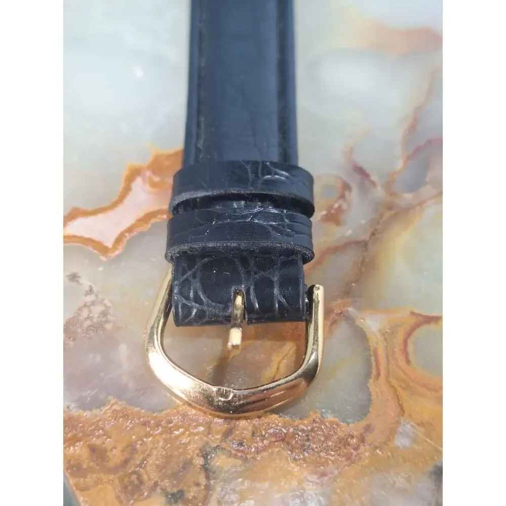 Gruen Precision Quartz Watch Black Dial Gold Tone Date Leather Band- Nice!